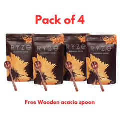 Ryze Mushroom Coffee 30 Serving - Pack of 4 with FREE 4 Wooden Acacia Spoon